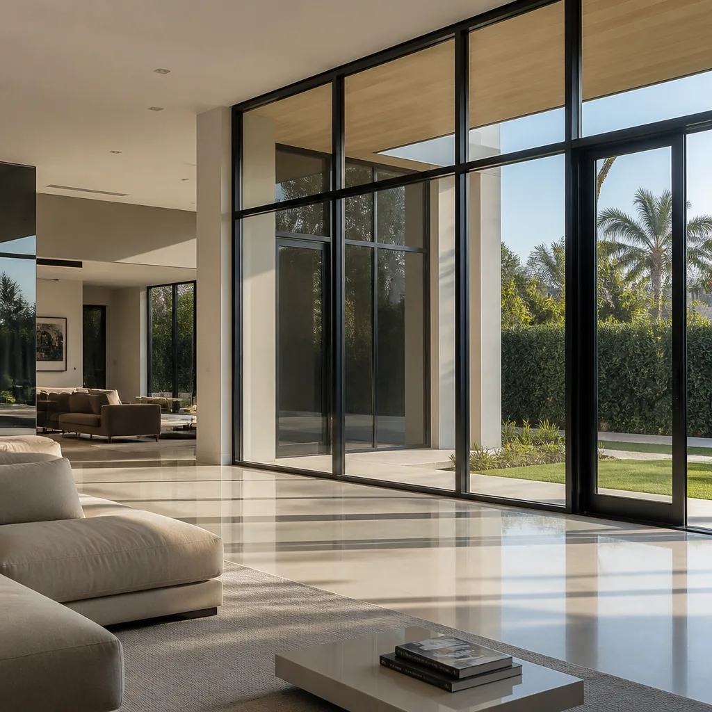 Modern living room with expansive custom geometric windows and sliding glass doors. in Fort Lauderdale, FL