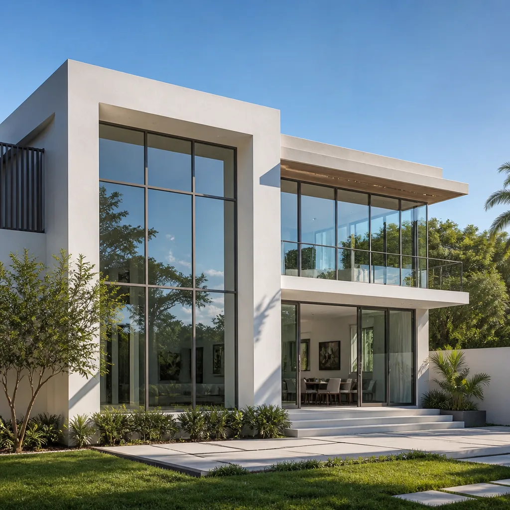 Modern luxury home featuring custom geometric windows and floor-to-ceiling glass doors in Fort Lauderdale, FL