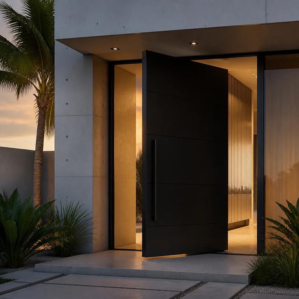 Modern oversized black pivot front door at home entrance in Fort Lauderdale, FL