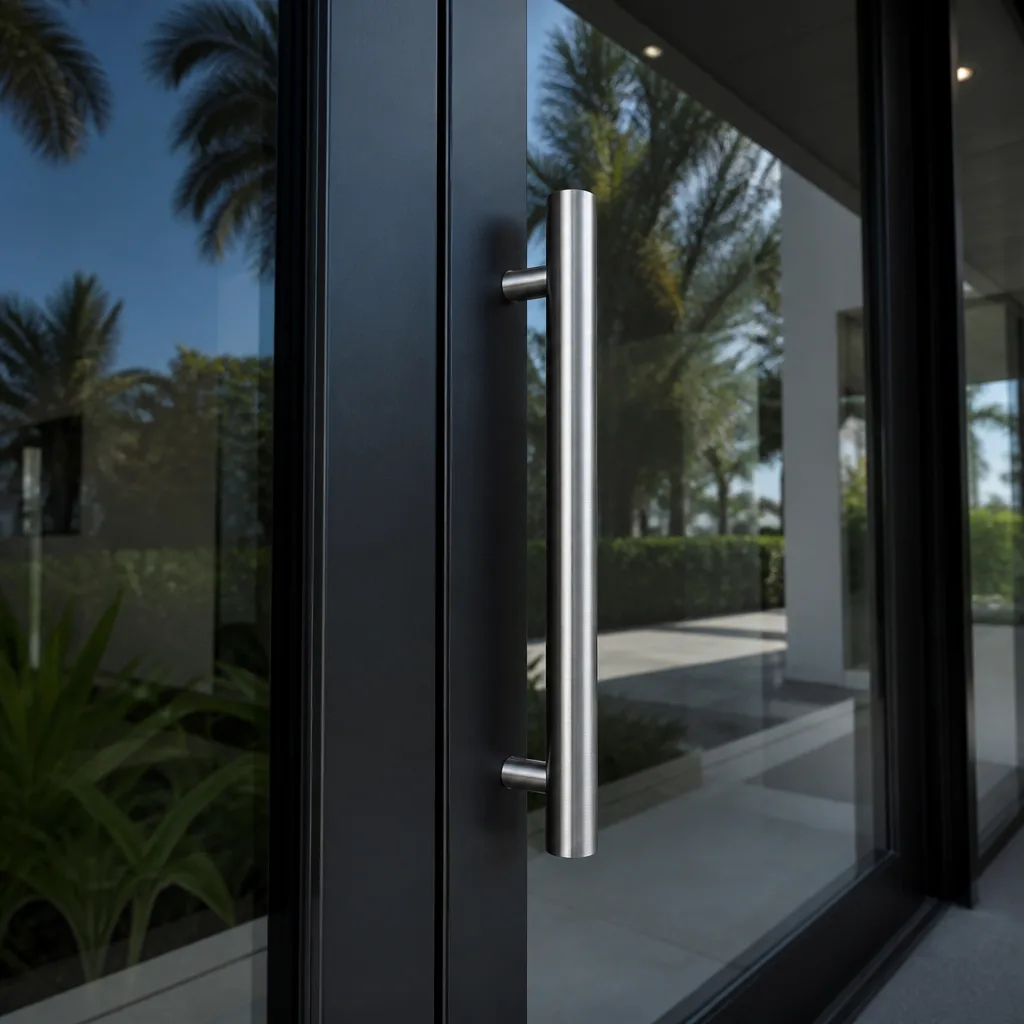 Modern brushed stainless steel door handle installed on a black frame door in Fort Lauderdale, FL
