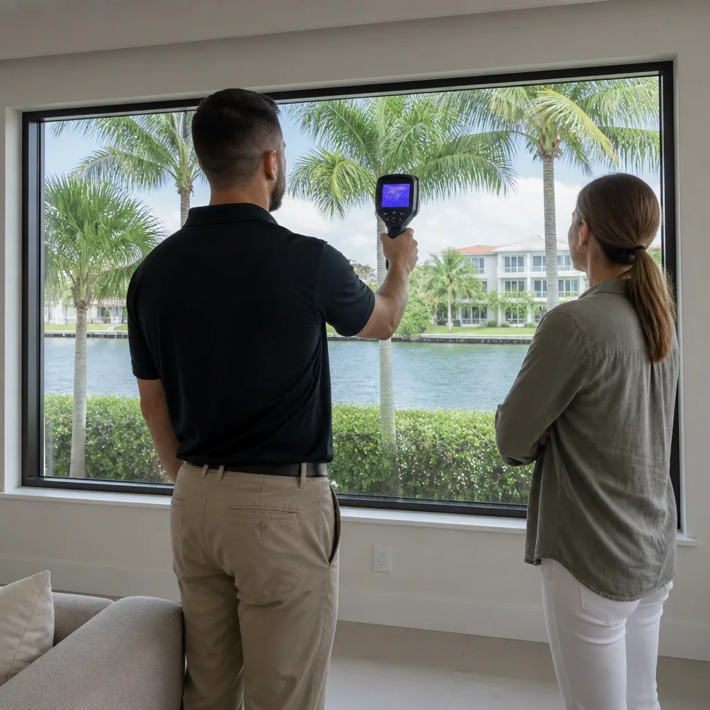 Technician using thermal camera to inspect energy-efficient home window performance in Fort Lauderdale, FL