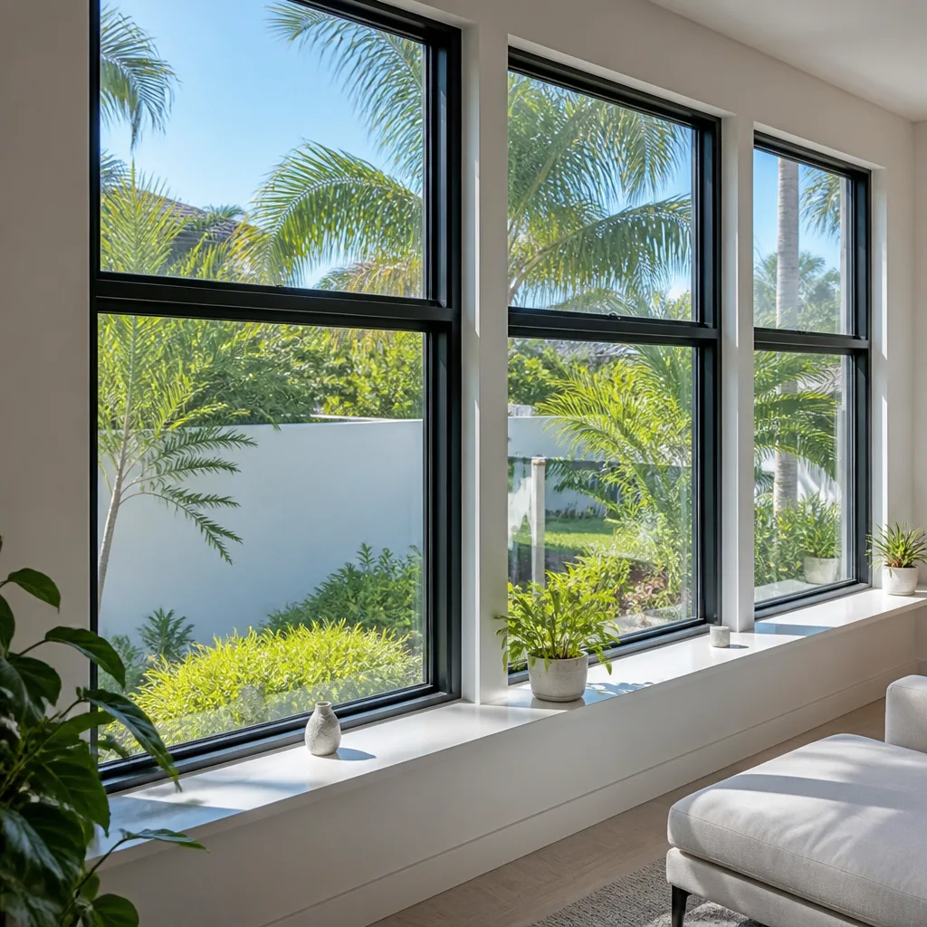 Energy-efficient residential windows with sleek black frames and garden view. in Fort Lauderdale, FL