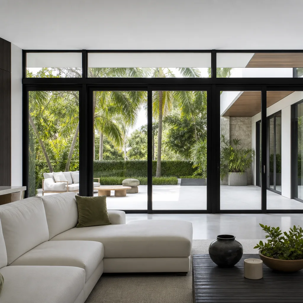 Modern floor to ceiling impact windows looking out to tropical garden patio in Fort Lauderdale, FL