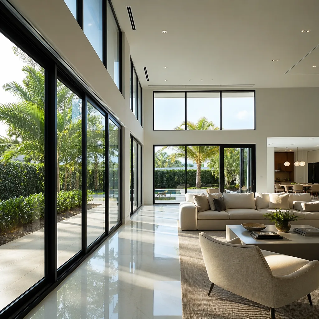 Modern luxury home interior with large floor-to-ceiling impact windows and doors in Fort Lauderdale, FL
