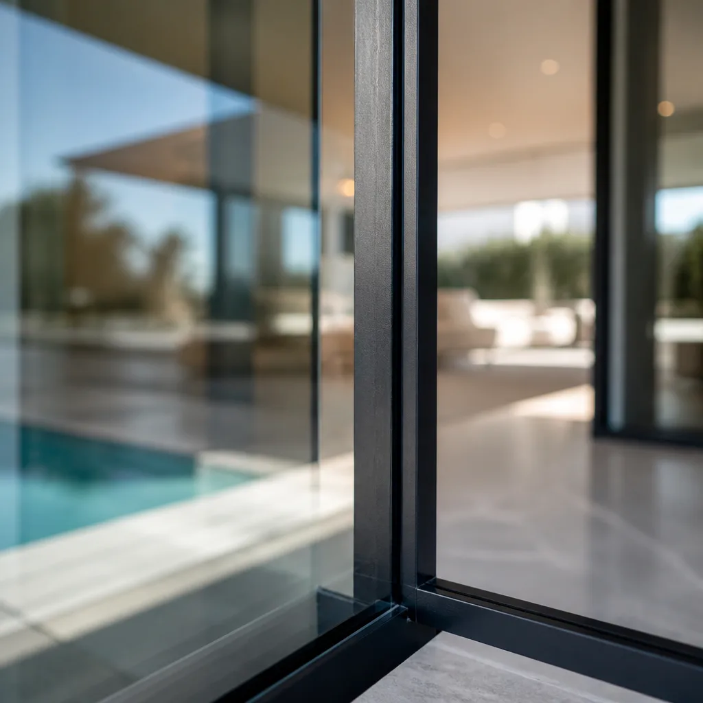 Modern black window frame detail with blurred interior and pool background in Fort Lauderdale, FL