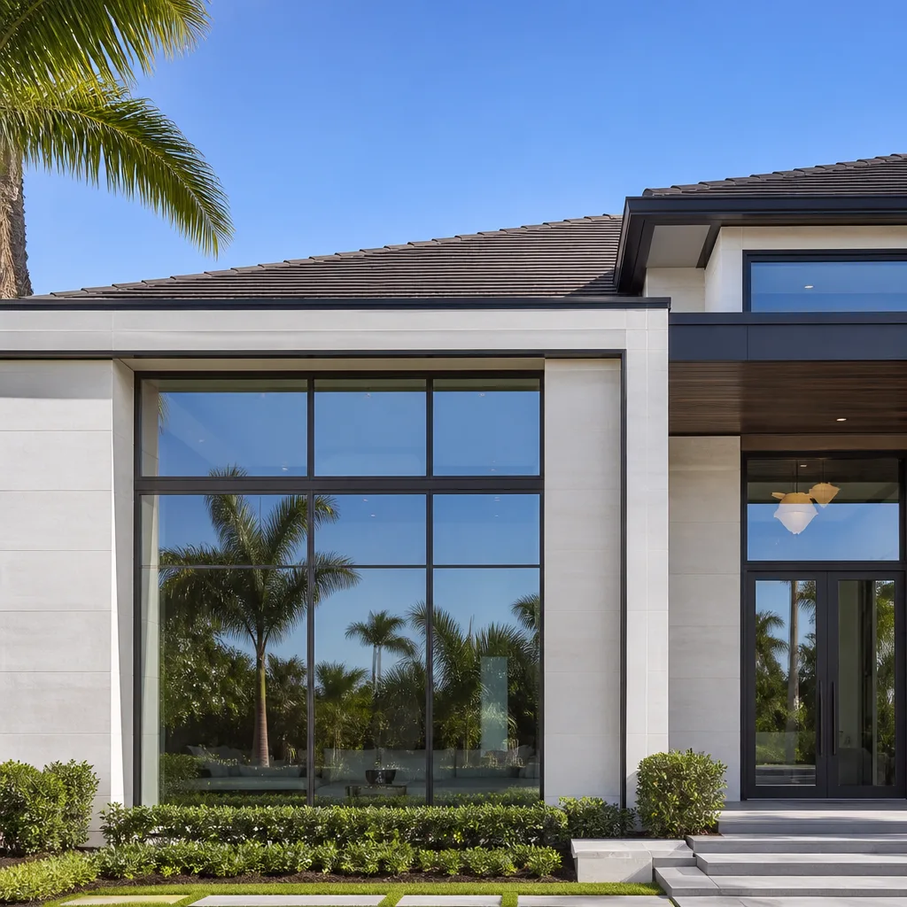 Modern luxury home exterior featuring high-end black-framed architectural windows and doors in Fort Lauderdale, FL