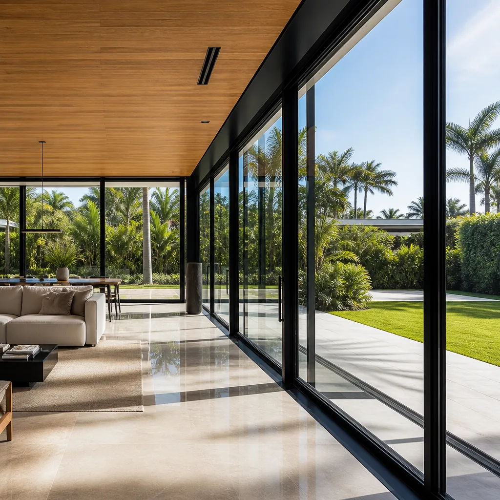 Modern floor-to-ceiling glass sliding doors opening to a tropical backyard in Fort Lauderdale, FL