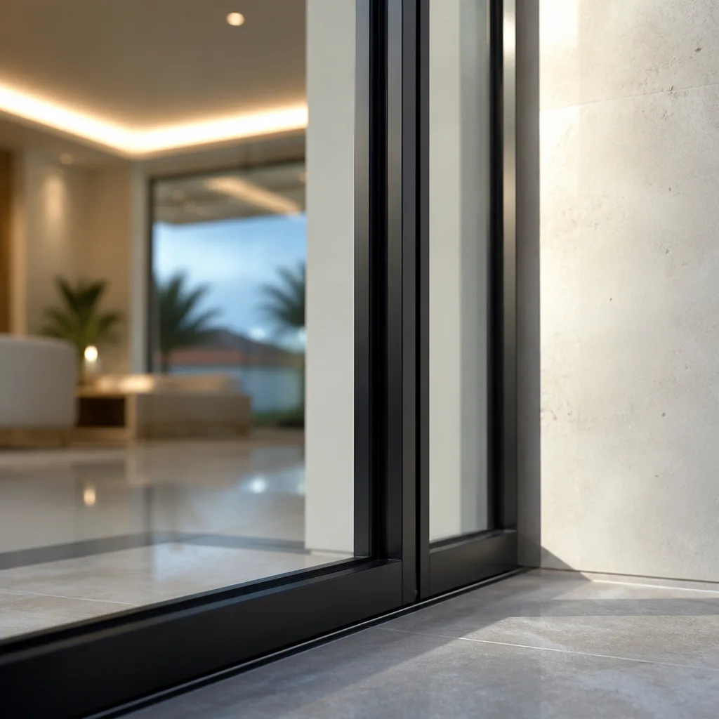 Modern black framed sliding glass door with stone floor transition in Fort Lauderdale, FL