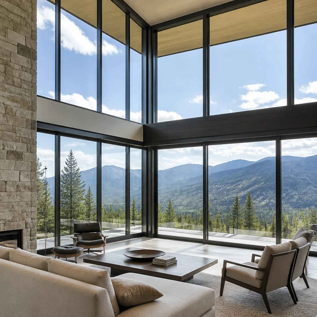 Modern floor-to-ceiling panoramic windows in a luxury mountain home living room in Fort Lauderdale, FL
